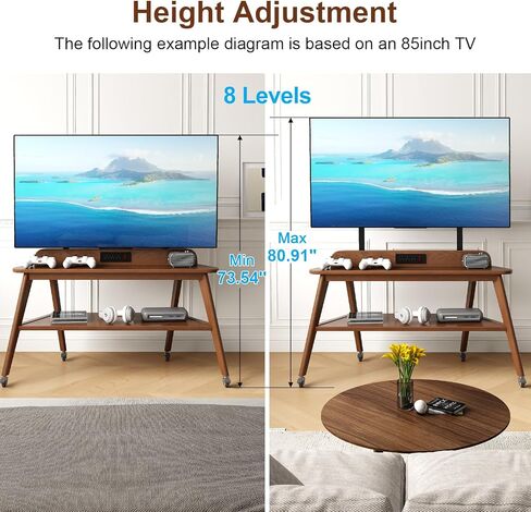 Solid Wood Rolling TV Stand with Power Outlet,Corner Entertainment Center for 40-85 Inch,TV Cart with Storage Shelves,Television Stands with Adjustable Height,Mobile TV Stand for Bedroom,Living Room in Kuwait