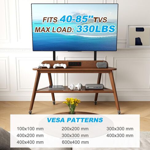 Solid Wood Rolling TV Stand with Power Outlet,Corner Entertainment Center for 40-85 Inch,TV Cart with Storage Shelves,Television Stands with Adjustable Height,Mobile TV Stand for Bedroom,Living Room in Kuwait