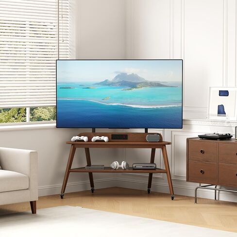 Solid Wood Rolling TV Stand with Power Outlet,Corner Entertainment Center for 40-85 Inch,TV Cart with Storage Shelves,Television Stands with Adjustable Height,Mobile TV Stand for Bedroom,Living Room in Kuwait