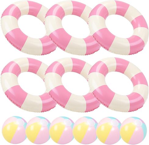 12 Pcs Pool Floats Included 6 Pastel Inflatable Beach Balls and 6 Swimming Rings for Adults, Jumbo Big Macaron Beach Balls Striped Tubes for Summer Pool Supplies in Kuwait