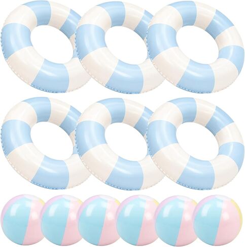 12 Pcs Pool Floats Included 6 Pastel Inflatable Beach Balls and 6 Swimming Rings for Adults, Jumbo Big Macaron Beach Balls Striped Tubes for Summer Pool Supplies in Saudi Arabia