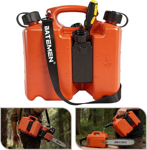 Dual-Chamber Chainsaw Fuel and Bar Oil Can,5L + 3L Refueling Container with 2 Spouts,Integrated Tool Storage, Leak-Resistant Caps,Effort-saving Shoulder Strap,Portable Forestry Fuel Can 00008810113 No screwdriver in Kuwait