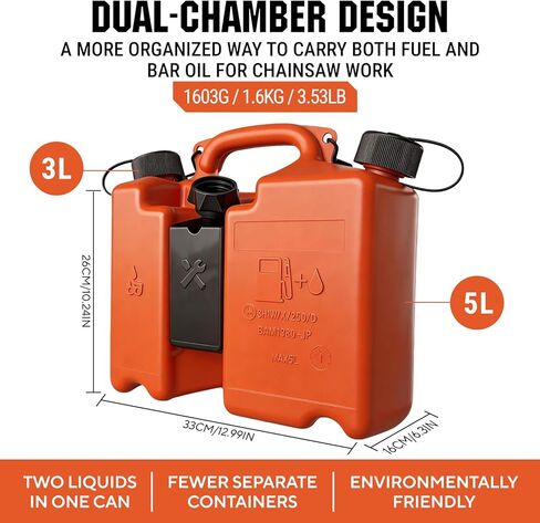 Dual-Chamber Chainsaw Fuel and Bar Oil Can,5L + 3L Refueling Container with 2 Spouts,Integrated Tool Storage, Leak-Resistant Caps,Effort-saving Shoulder Strap,Portable Forestry Fuel Can 00008810113 No screwdriver in Kuwait