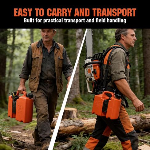 Dual-Chamber Chainsaw Fuel and Bar Oil Can,5L + 3L Refueling Container with 2 Spouts,Integrated Tool Storage, Leak-Resistant Caps,Effort-saving Shoulder Strap,Portable Forestry Fuel Can 00008810113 No screwdriver in Kuwait