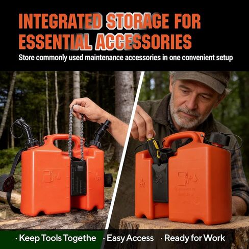 Dual-Chamber Chainsaw Fuel and Bar Oil Can,5L + 3L Refueling Container with 2 Spouts,Integrated Tool Storage, Leak-Resistant Caps,Effort-saving Shoulder Strap,Portable Forestry Fuel Can 00008810113 No screwdriver in Kuwait