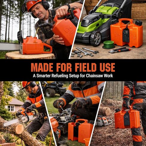 Dual-Chamber Chainsaw Fuel and Bar Oil Can,5L + 3L Refueling Container with 2 Spouts,Integrated Tool Storage, Leak-Resistant Caps,Effort-saving Shoulder Strap,Portable Forestry Fuel Can 00008810113 No screwdriver in Kuwait