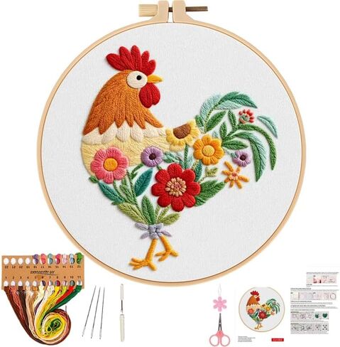Herdiese Beginner Embroidery Kit for Adults – Rooster & Flower Pattern with Hoop, Cotton Threads, Needles, Scissors & Video Tutorials – Complete Craft Set for Beginners, Creative Gift Idea in Kuwait