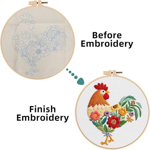Herdiese Beginner Embroidery Kit for Adults – Rooster & Flower Pattern with Hoop, Cotton Threads, Needles, Scissors & Video Tutorials – Complete Craft Set for Beginners, Creative Gift Idea in Kuwait