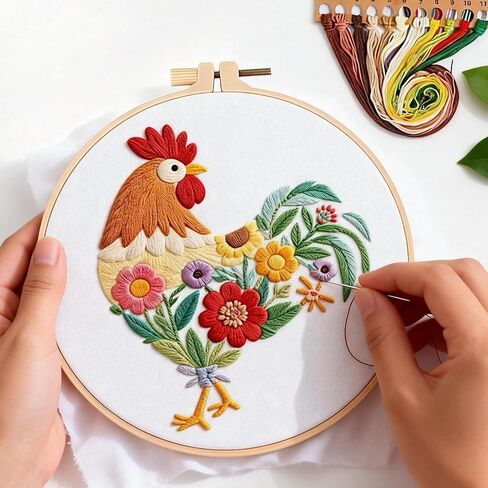 Herdiese Beginner Embroidery Kit for Adults – Rooster & Flower Pattern with Hoop, Cotton Threads, Needles, Scissors & Video Tutorials – Complete Craft Set for Beginners, Creative Gift Idea in Kuwait