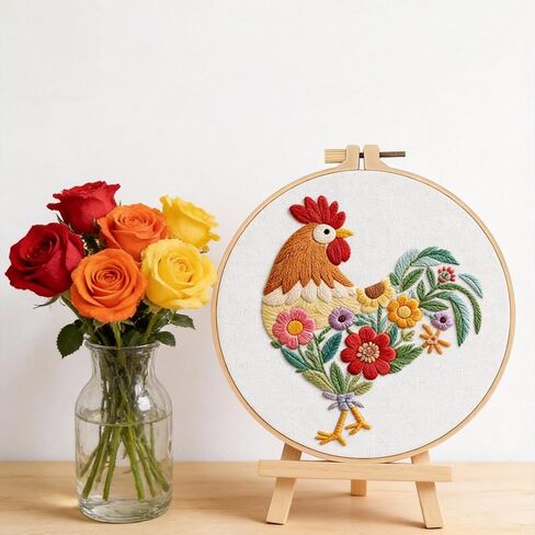 Herdiese Beginner Embroidery Kit for Adults – Rooster & Flower Pattern with Hoop, Cotton Threads, Needles, Scissors & Video Tutorials – Complete Craft Set for Beginners, Creative Gift Idea in Kuwait