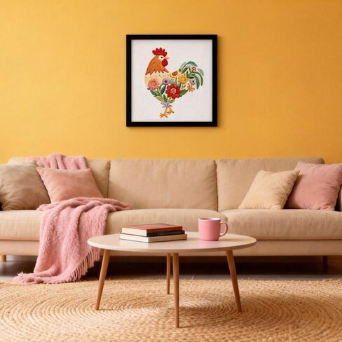 Herdiese Beginner Embroidery Kit for Adults – Rooster & Flower Pattern with Hoop, Cotton Threads, Needles, Scissors & Video Tutorials – Complete Craft Set for Beginners, Creative Gift Idea in Kuwait