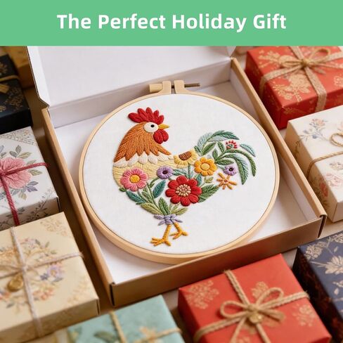 Herdiese Beginner Embroidery Kit for Adults – Rooster & Flower Pattern with Hoop, Cotton Threads, Needles, Scissors & Video Tutorials – Complete Craft Set for Beginners, Creative Gift Idea in Kuwait