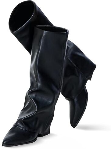 Knee High Boots Women, Fold Over Shark Boots Pointed Toe block heels Wide Calf，Minimalist Street Style Faux Leather Boots for Fall & Winter in Saudi Arabia