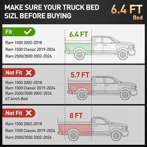6.4FT مفرش سرير الشاحنة وحصيرة الباب الخلفي لـ Dodge Ram: لـ Ram1500 2009-2018 &Ram 2500/3500 2009-2026 &Ram1500 Classic 2019-2024 مفرش سرير (6.4FT/ 76.3 بوصة)، ملحقات حماية بطانة السرير لجميع الأحوال الجوية in Kuwait