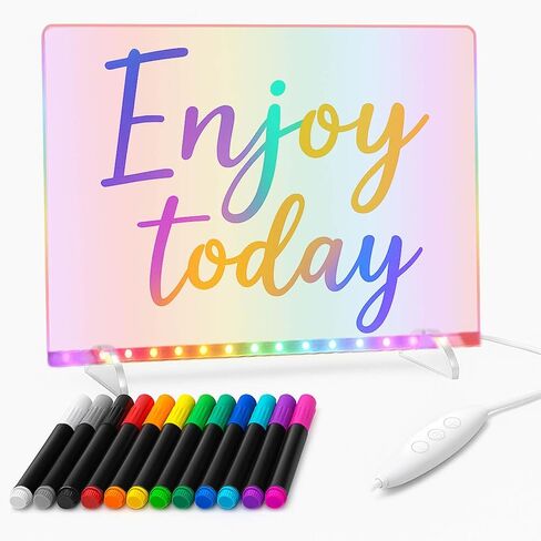 لوحة رسم LED RGB مع 12 قلم تحديد و7 أوضاع إضاءة للأطفال لكتابة الملاحظات وتتبع الرسائل، وسادة مسح جافة من الأكريليك مقاس 13.8 × 10 بوصة in Kuwait