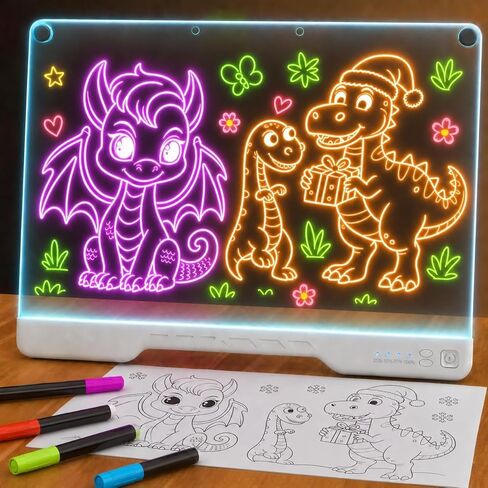 لوحة رسم LED مطورة مقاس 16 بوصة قابلة لإعادة الشحن - 7 ألوان، 10 تأثيرات إضاءة، سطوع قابل للتعديل - لوحة إضاءة أكريليك للتتبع مع حامل وأقلام تحديد ومجموعة كاملة - فكرة هدية عيد ميلاد (أسود) in Kuwait