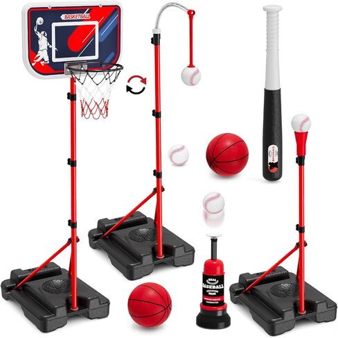 HYES 4 in 1 Kids Basketball Hoop and Tball Set for Toddlers 3-5, Adjustable Hanging Tee Ball Stand with Automatic Baseball Pitching Machine, Indoor Outdoor Sport Toys Birthday for Boys in Saudi Arabia