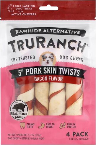 5" Medium Pork Skin Twists, Bacon Flavor, Made with Real Pork Skin, Rawhide Alternative, Healthy Dog Chews, 1 bag, 4 Count in Saudi Arabia