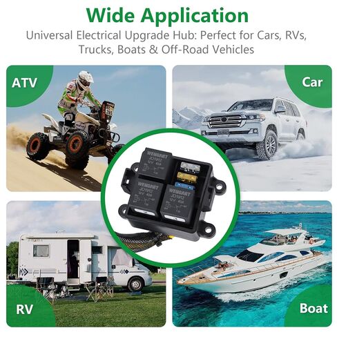 Wengart 12V صندوق ترحيل الصمامات المدمج مسبقًا WG33K، مركز توزيع الطاقة ثلاثي الاتجاهات مع مرحلات 40A JD1912 وصمامات ATC/ATO، حزام مقاوم للماء IP65 للدراجات النارية، UTV، ATV، الأسلاك البحرية والمنزلية، أسود in Kuwait