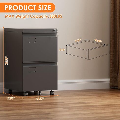 SUXXAN 2 Drawer Mobile File Cabinet with Lock, Heavy Duty Steel Under Desk Filing Cabinet for Letter/Legal Size, Anti-Tip Design with 5 Casters, Metal Storage Organizer for Home Office in Kuwait