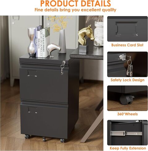 SUXXAN 2 Drawer Mobile File Cabinet with Lock, Heavy Duty Steel Under Desk Filing Cabinet for Letter/Legal Size, Anti-Tip Design with 5 Casters, Metal Storage Organizer for Home Office in Kuwait