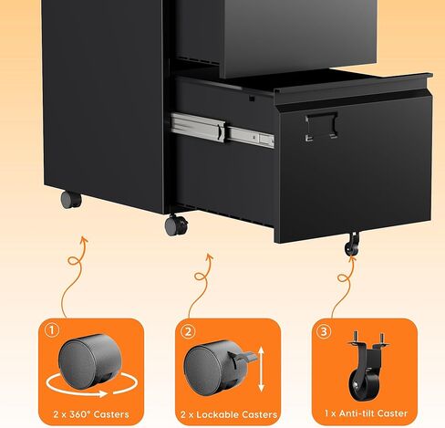 SUXXAN 2 Drawer Mobile File Cabinet with Lock, Heavy Duty Steel Under Desk Filing Cabinet for Letter/Legal Size, Anti-Tip Design with 5 Casters, Metal Storage Organizer for Home Office in Kuwait