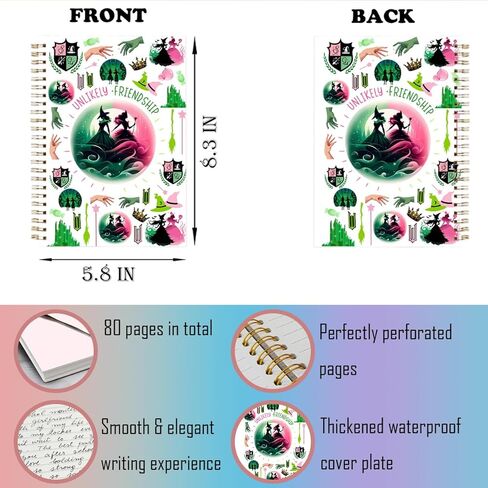 LONGXIN Witch Merch Broadway Musical Notebook Journal هدايا ساحرة للفتيات والنساء Elphaba وGlinda معجبي الأفلام، بضائع ساحرة، صداقات غير محتملة، دفتر حلزوني بغلاف مقوى 5.8x8.3 in Kuwait