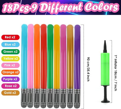 18 Pcs Inflatable Light Sabers - 9 Vibrant Colors, Inflatable Lightsaber with Air Pump for Star Wars Themed Party, Inflatable Sword Toys Party Bags Stocking Stuffers for Kids Cosplay Party Favors in Kuwait