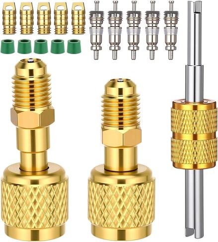 Mudder 18 Pcs R32 R454b A2l Adapter Kit for Split 1/4" Female to 1/4" Male Reverse Thread Adapter 45 Degree Kit with Valve Core Remover Gasket and Thimbles in Kuwait