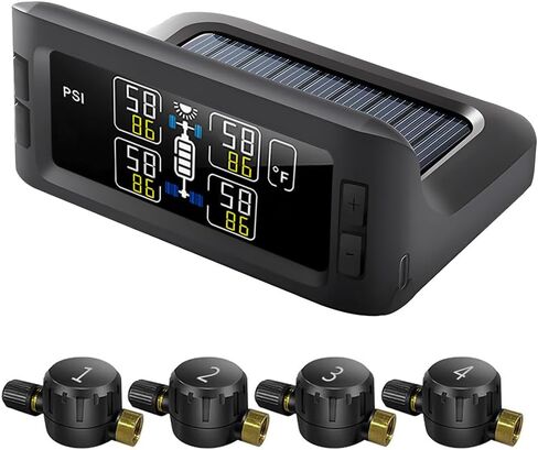 Solar Tire Pressure Monitoring System TPMS for Car/Truck/RV/Trailer/Camper, 4 Flow Thru Sensors, 7 Alert Modes Wireless Real Time Pressure/Temperature Monitoring(0-199 PSI) in Kuwait