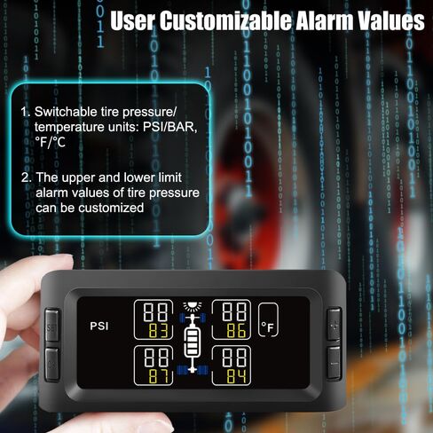 Solar Tire Pressure Monitoring System TPMS for Car/Truck/RV/Trailer/Camper, 4 Flow Thru Sensors, 7 Alert Modes Wireless Real Time Pressure/Temperature Monitoring(0-199 PSI) in Kuwait