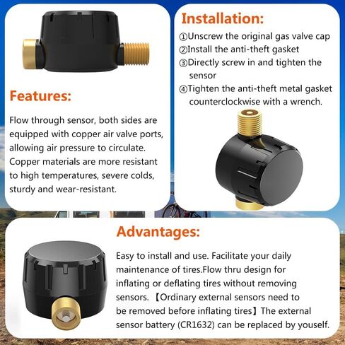 Solar Tire Pressure Monitoring System TPMS for Car/Truck/RV/Trailer/Camper, 4 Flow Thru Sensors, 7 Alert Modes Wireless Real Time Pressure/Temperature Monitoring(0-199 PSI) in Kuwait