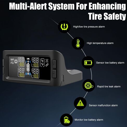 Solar Tire Pressure Monitoring System TPMS for Car/Truck/RV/Trailer/Camper, 4 Flow Thru Sensors, 7 Alert Modes Wireless Real Time Pressure/Temperature Monitoring(0-199 PSI) in Kuwait