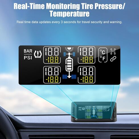 Solar Tire Pressure Monitoring System TPMS for Car/Truck/RV/Trailer/Camper, 4 Flow Thru Sensors, 7 Alert Modes Wireless Real Time Pressure/Temperature Monitoring(0-199 PSI) in Kuwait