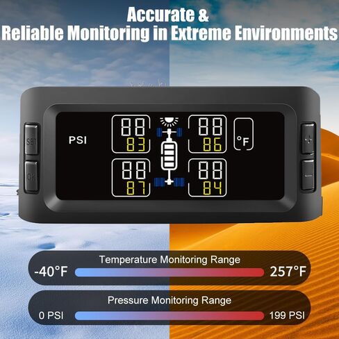 Solar Tire Pressure Monitoring System TPMS for Car/Truck/RV/Trailer/Camper, 4 Flow Thru Sensors, 7 Alert Modes Wireless Real Time Pressure/Temperature Monitoring(0-199 PSI) in Kuwait