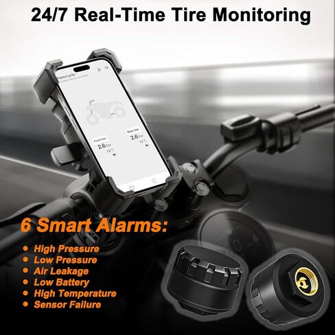 Wireless Motorcycle TPMS - Ultra Easy Installation Bluetooth Tire Pressure Monitoring System | Real-Time Pressure & Temperature Alerts | Compatible with iOS & Android in Kuwait