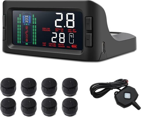 نظام مراقبة ضغط الإطارات TPMS بالطاقة الشمسية مع 8 أجهزة استشعار ومعزز إشارة لشاحنات مقطورة RV، شاشة كبيرة 3.3 بوصة، 0-13.7 بار/199 رطل لكل بوصة مربعة، 7 أوضاع تنبيه أقصى دعم 36 مستشعرًا in Kuwait