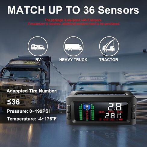 نظام مراقبة ضغط الإطارات TPMS بالطاقة الشمسية مع 8 أجهزة استشعار ومعزز إشارة لشاحنات مقطورة RV، شاشة كبيرة 3.3 بوصة، 0-13.7 بار/199 رطل لكل بوصة مربعة، 7 أوضاع تنبيه أقصى دعم 36 مستشعرًا in Kuwait