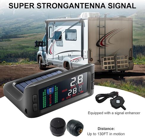 نظام مراقبة ضغط الإطارات TPMS بالطاقة الشمسية مع 8 أجهزة استشعار ومعزز إشارة لشاحنات مقطورة RV، شاشة كبيرة 3.3 بوصة، 0-13.7 بار/199 رطل لكل بوصة مربعة، 7 أوضاع تنبيه أقصى دعم 36 مستشعرًا in Kuwait