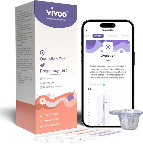 مجموعة اختبار الإباضة والتوقع من Vivoo: تتبع دورتك ونتائج الاختبار باستخدام تطبيق Vivoo، تتضمن 25 اختبار إباضة ملفوفًا بشكل فردي (LH)، و5 اختبارات حمل (HCG) مع 30 كوبًا in Saudi Arabia