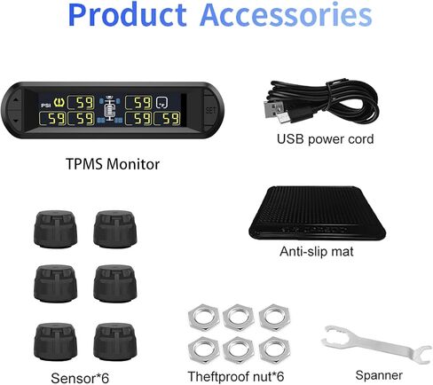 نظام مراقبة ضغط الإطارات المحسن TPMS بالطاقة الشمسية مع 6 أجهزة استشعار خارجية لإطارات 4/6 مراقبة لاسلكية في الوقت الحقيقي لدرجة حرارة الضغط لشاحنة مقطورة RV سحب سيارات الدفع الرباعي (0 ~ 199 رطل لكل بوصة مربعة) in Kuwait
