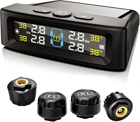 Tire Pressure Monitoring System, Vehicle Tire Pressure Monitor with Solar Charger & 4 External Sensors, Real-Time LCD Display TPMS w/6 Alarm Modes for Car Truck RV in Kuwait