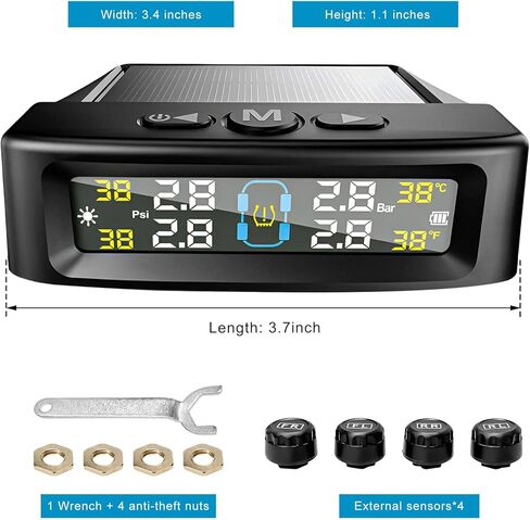 Tire Pressure Monitoring System, Vehicle Tire Pressure Monitor with Solar Charger & 4 External Sensors, Real-Time LCD Display TPMS w/6 Alarm Modes for Car Truck RV in Kuwait