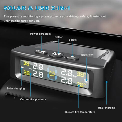 Tire Pressure Monitoring System, Vehicle Tire Pressure Monitor with Solar Charger & 4 External Sensors, Real-Time LCD Display TPMS w/6 Alarm Modes for Car Truck RV in Kuwait