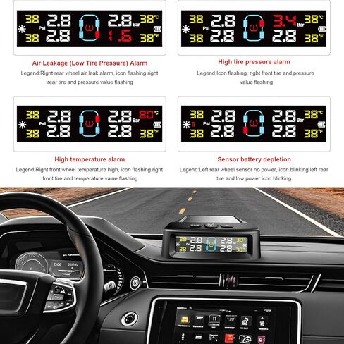 Tire Pressure Monitoring System, Vehicle Tire Pressure Monitor with Solar Charger & 4 External Sensors, Real-Time LCD Display TPMS w/6 Alarm Modes for Car Truck RV in Kuwait