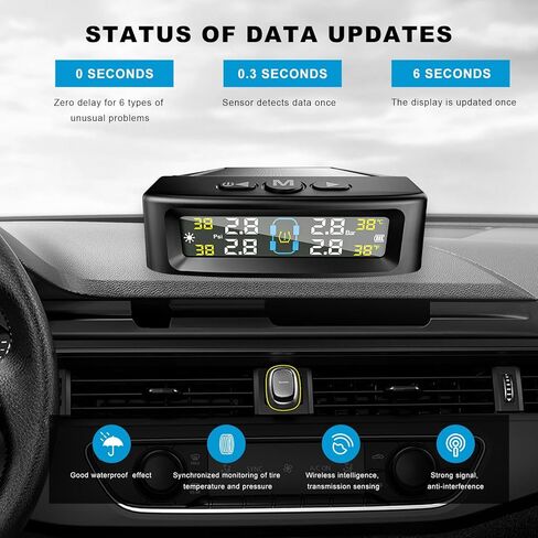 Tire Pressure Monitoring System, Vehicle Tire Pressure Monitor with Solar Charger & 4 External Sensors, Real-Time LCD Display TPMS w/6 Alarm Modes for Car Truck RV in Kuwait