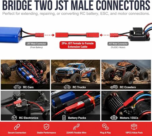 Tensso 2Pin JST Extension Cable: 10pcs JST Female to JST Female Connector for RC Battery Connectors, SYP 2.5mm 22AWG 2-Pin JST Female Connectors to Connect 2 JST Male Plugs Together for RC Parts in Kuwait