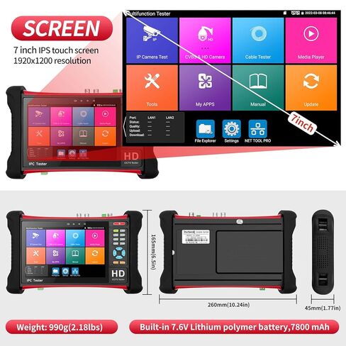 Rsrteng X7-MOVTADHS Upgraded Version 4K CCTV Camera Tester 7 inch IPS Touch Screen Monitor CCTV Tester with TVI CVI AHD SDI IP Camera Test Support DMM OPM VFL TDR POE HDMI DC24V Dual Network Port in Saudi Arabia