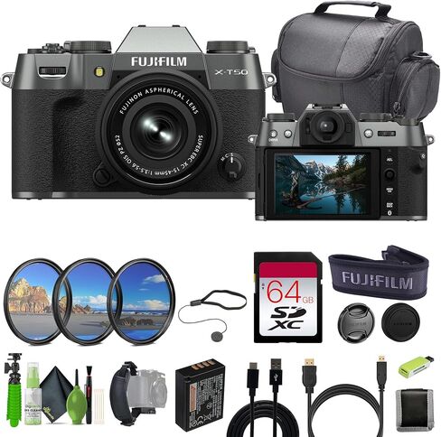 كاميرا Fujifilm X-T50 الرقمية بدون مرآة XC15-45mmF3.5-5.6 مجموعة عدسات OIS PZ - حزمة سوداء مع بطاقة ذاكرة UHS-II SDXC سعة 64 جيجابايت + كابل USB من النوع A إلى USB من النوع C + كابل Micro HDMI + المزيد من الملحقات in Saudi Arabia