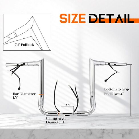 1 1/2 بوصة 14 بوصة Rise Street Glide Handlebar 1.5 بوصة Fat Meathook Ape Hanger لـ Harley 2023-up CVO Street Glide FLHXSE & 2024 2025 2026 FLHX سلك مسبق السلك CAN-Bus وسلك TBW، كروم in Kuwait